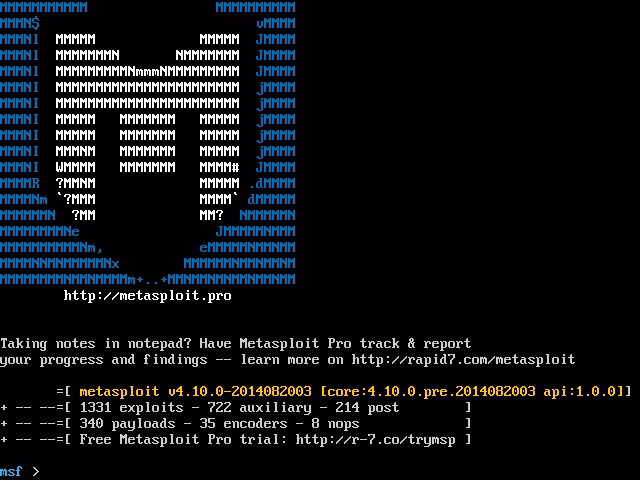 Interfaz de Metasploit Framework en uso