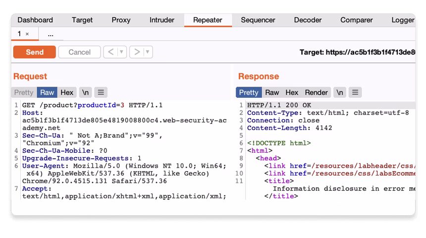 Burp Suite Repeater mostrando una petición y la respuesta del servidor